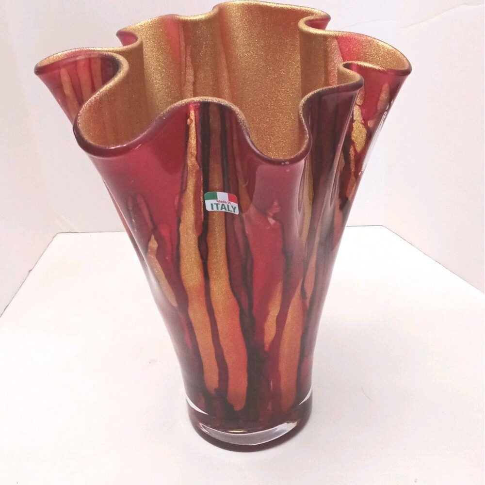 Murano like Italian Art Glass Vase Red & Gold Glossy Ruffled Rim Decorative